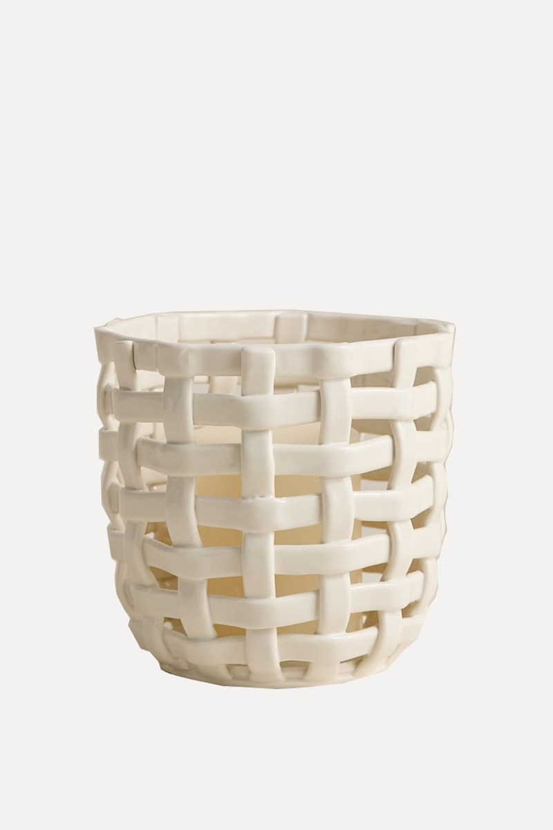 Basket Weave Ceramic Hurricane Candle Holder