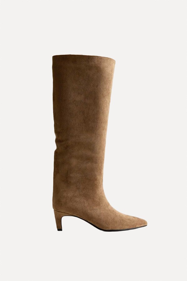 Faux Suede Low Stiletto Heel Knee High Boots