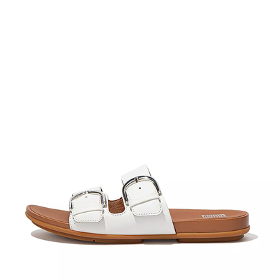 Gracie Buckle Leather Slides White