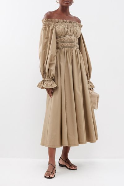 Wattle Off The Shoulder Ruched Cotton Dress, £420 | Aje
