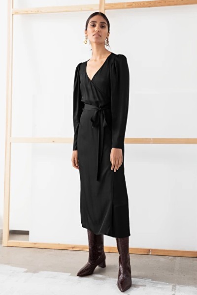 Puff Sleeve Midi Wrap Dress