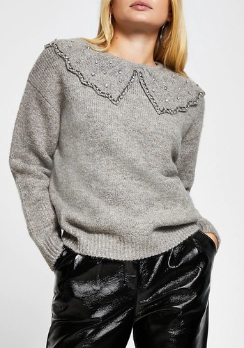 Grey Embellished Collar Jumper