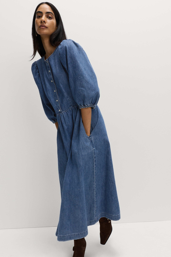 Pure Cotton Denim Midi Waisted Dress