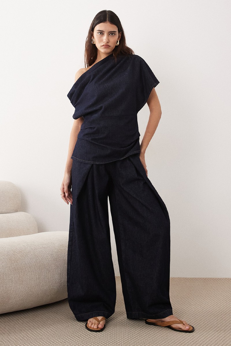 Denim Off Shoulder Pleat Waist Top Co-Ord