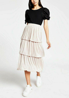 Pink Pleated Jersey Frill Midi Skirt from River Island