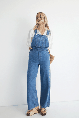 Petite Denim Relaxed Wide Leg Dungarees from Warehouse