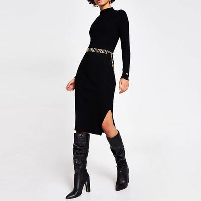 Black Button Shoulder Bodycon Ribbed Dress