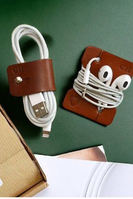 Personalised Leather Cable And Headphone Organiser Set