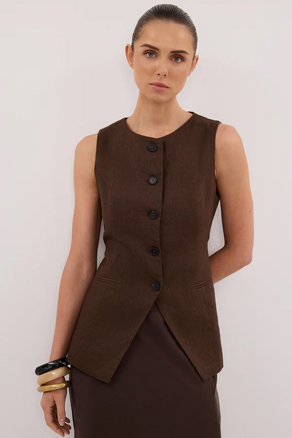 Alessia Bitter Choc Linen Vest from DISSH