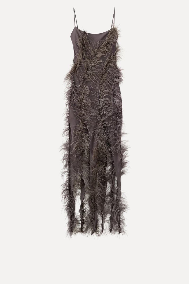 Feather Dress With Fringed Hem
