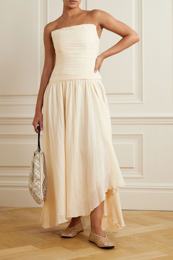 Hightide Strapless Asymmetric Gathered Cotton & Ramie-Blend Maxi Dress