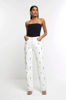 White Embellished Stove Pipe Straight Jeans from River Island