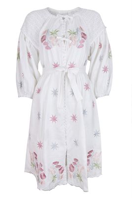 White Linen Smocked Embroidered Dress from Beach Flamingo