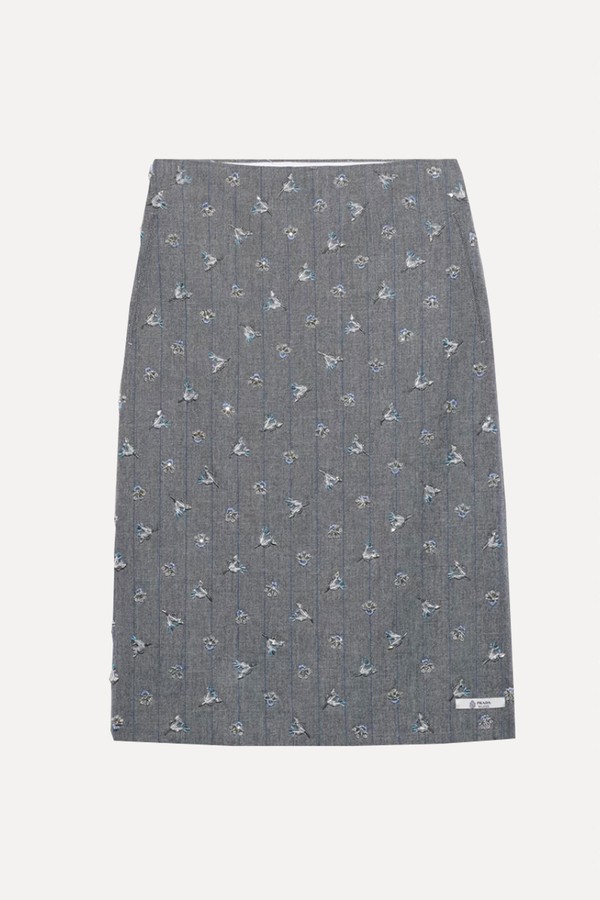 Embellished Pinstripe Wool Midi-Skirt