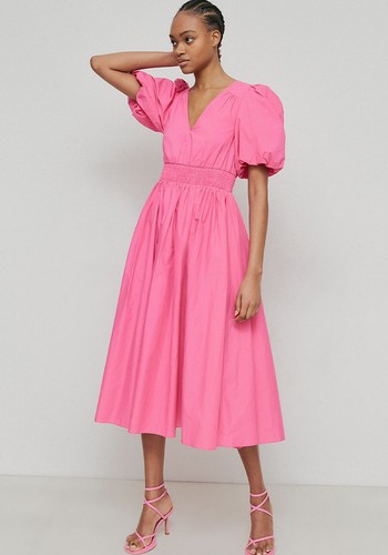 Cotton Poplin V Neck Puff Sleeve Midi Dress from Warehouse