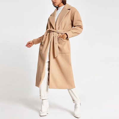 Beige Balloon Long Sleeve Belted Coat