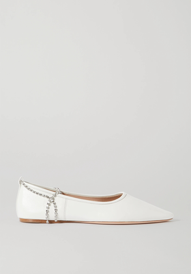 Crystal-Embellished Leather Point-Toe Flats from Miu Miu