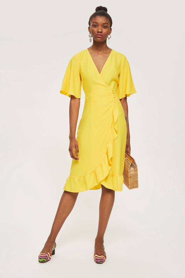 Crepe Ruffle Midi Wrap Dress