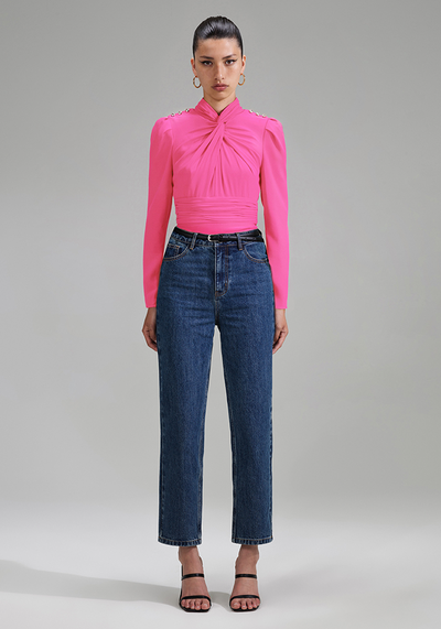 Pink Stretch Crepe Twisted Collar Top