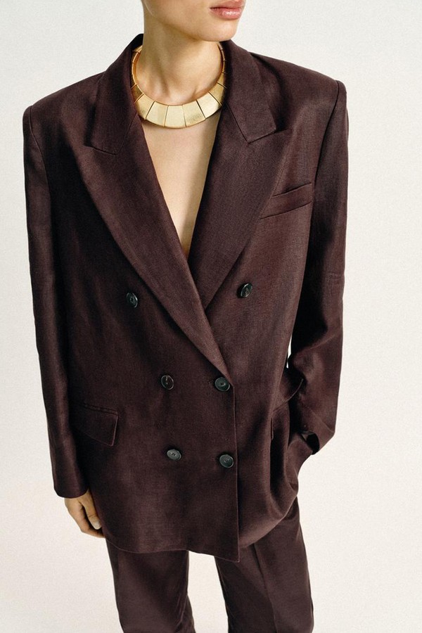 Double-Breasted 100% Linen Blazer With Shoulder Pads