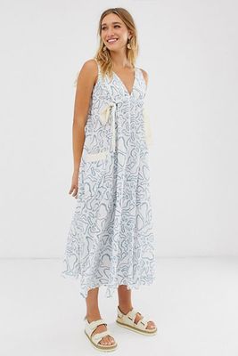 Trapeze Drawstring Maxi Dress In Squiggle Print