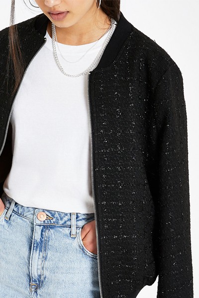 Black Boucle Bomber Jacket