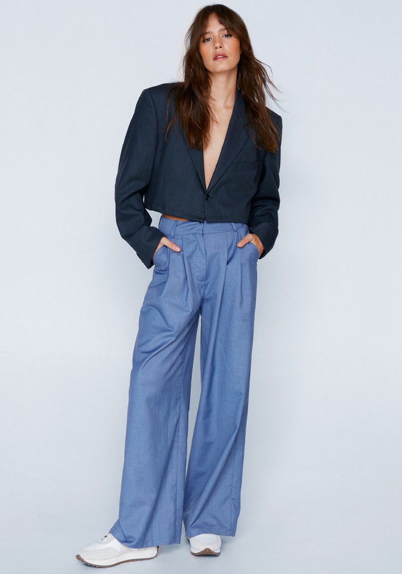 Premium Twill Pleated Wide Leg Trousers
