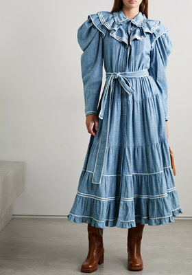 Belted Ruffled Cotton-Chambray Midi Shirt Dress from Ulla Johnson