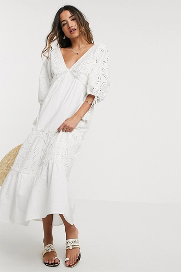 Broderie Tiered Maxi Dress In Cream from ASOS Design