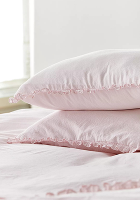 Washed Pink Ruffle Duvet Cover With Reusable Fabric Bag