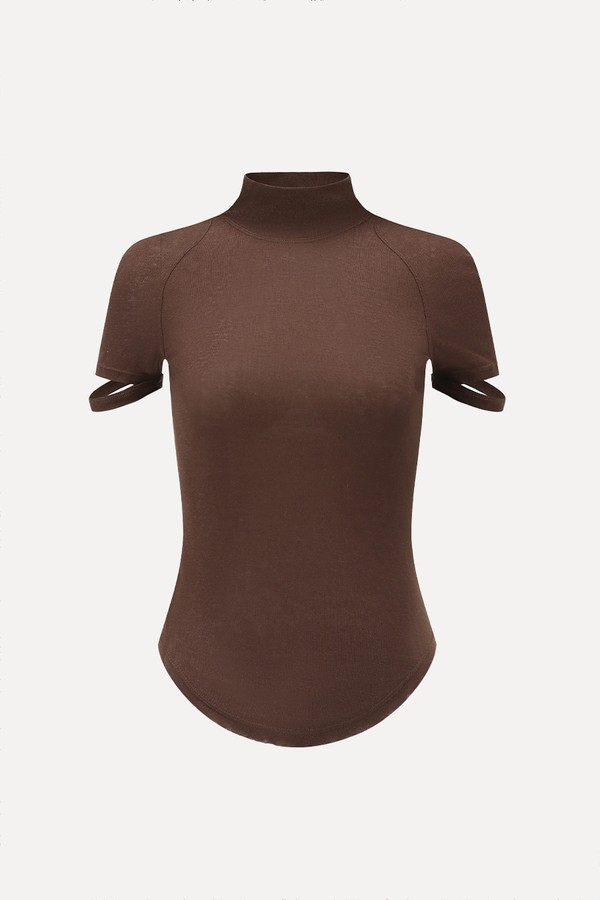 Ribbed Jersey Mock Neck T-Shirt