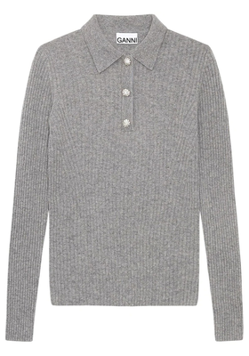 Wool Blend Rib Knit Polo Sweater from Ganni