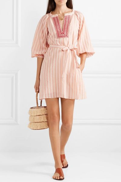 Nefasi Embroidered Striped Cotton-Blend Gauze Mini Dress from LemLem