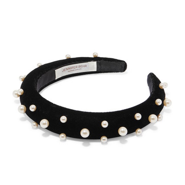 Sascha Swarovski Pearl-Embellished Velvet Headband from Jennifer Behr