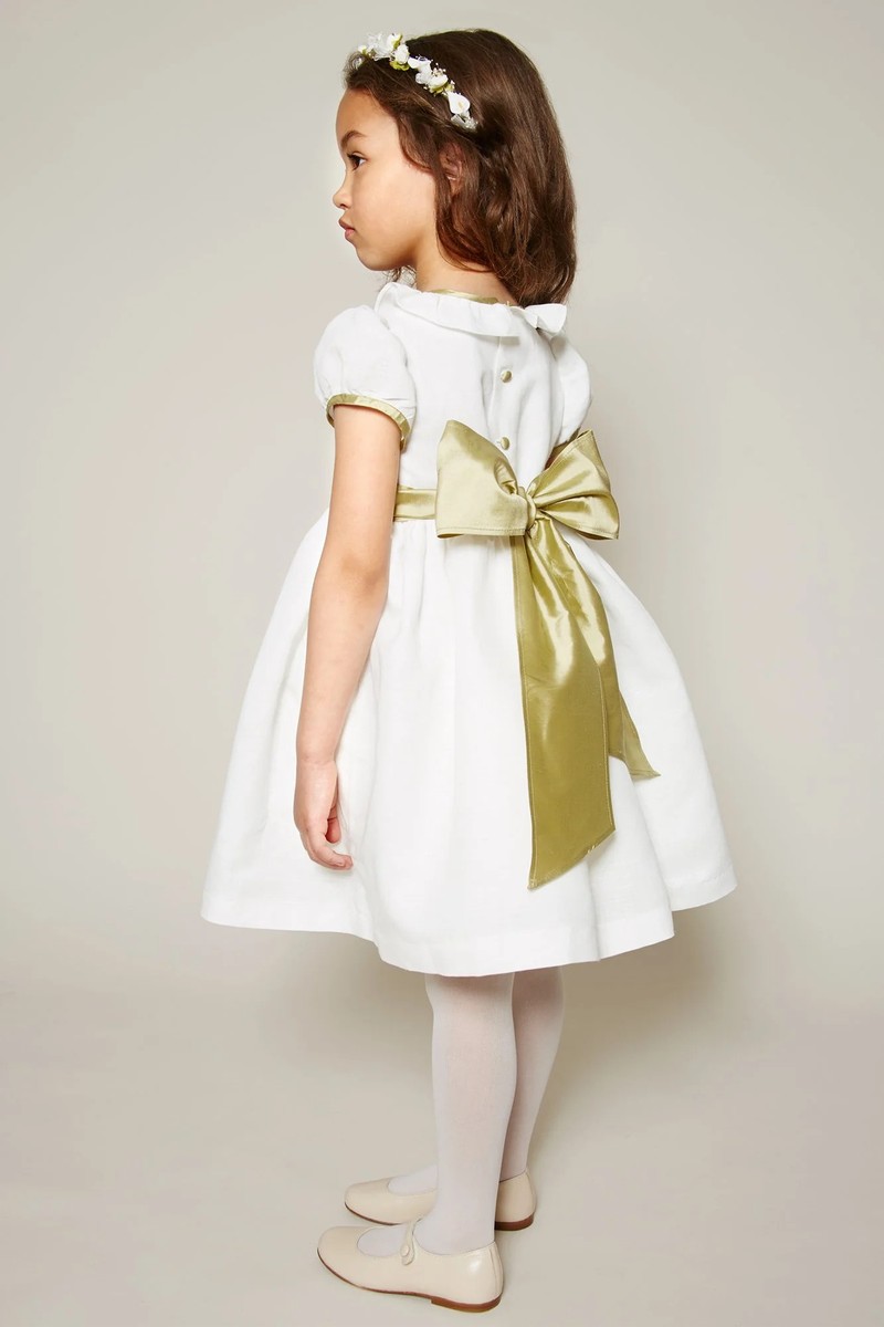 Flower Girl Ivory Dress With Green Silk Sash from Pepa London