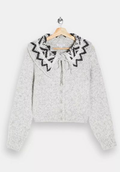 Grey Fairisle Collar Knitted Cardigan