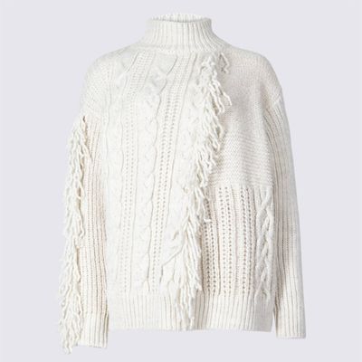 Fringe Cable-Knit Funnel Neck Jumper