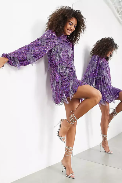 Beaded Fringe & Sequin Mini Dress With Blouson Sleeve from ASOS Edition