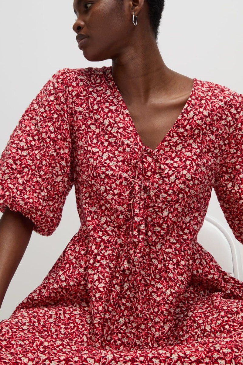 Cotton Rich Floral V-Neck Midi Waisted Dress