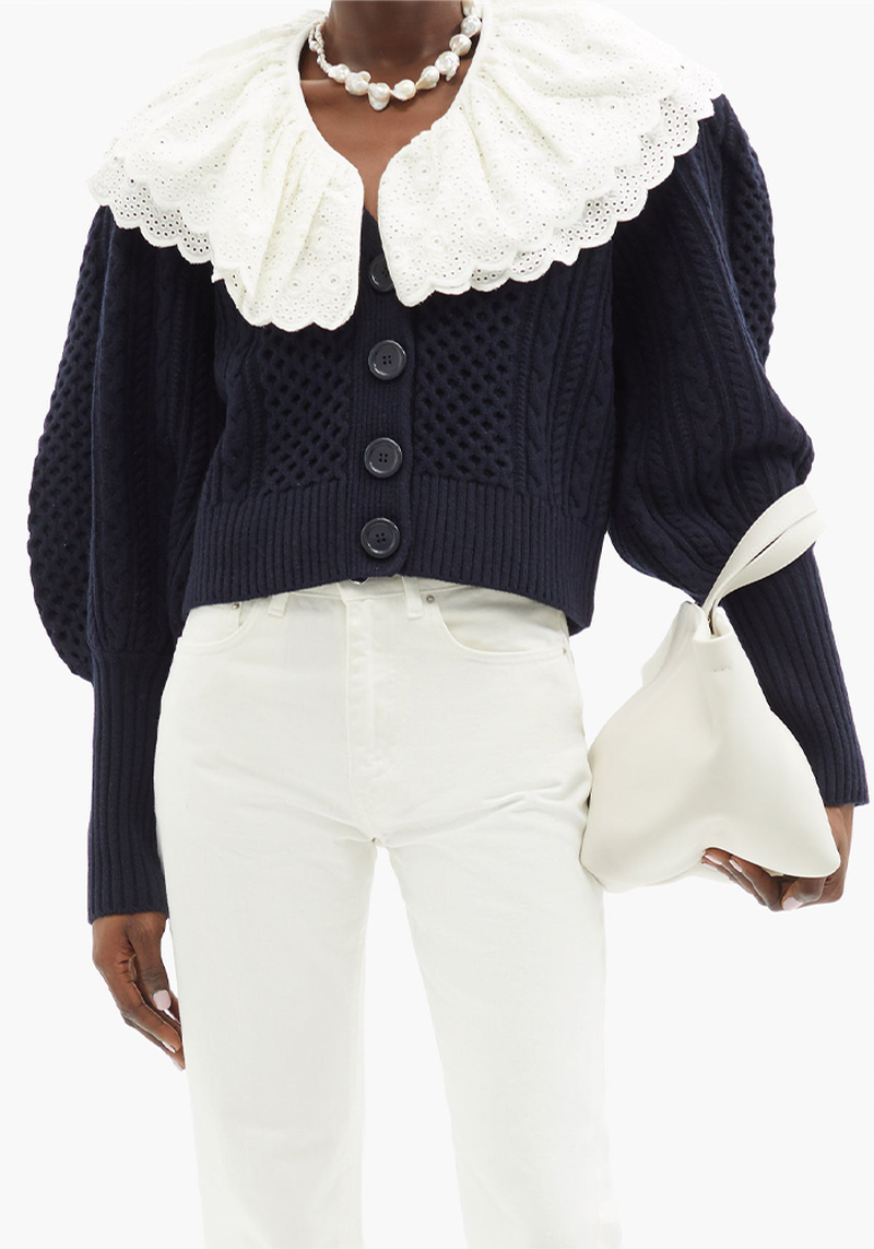 Melanie Removable-Collar Puff-Sleeve Wool Cardigan from SEA