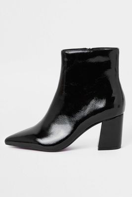 Black Patent Pointed Block Heel Boots