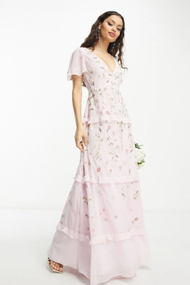 Petite Bridesmaid Flutter Sleeve Embellished Wrap Maxi Dress from ASOS Design