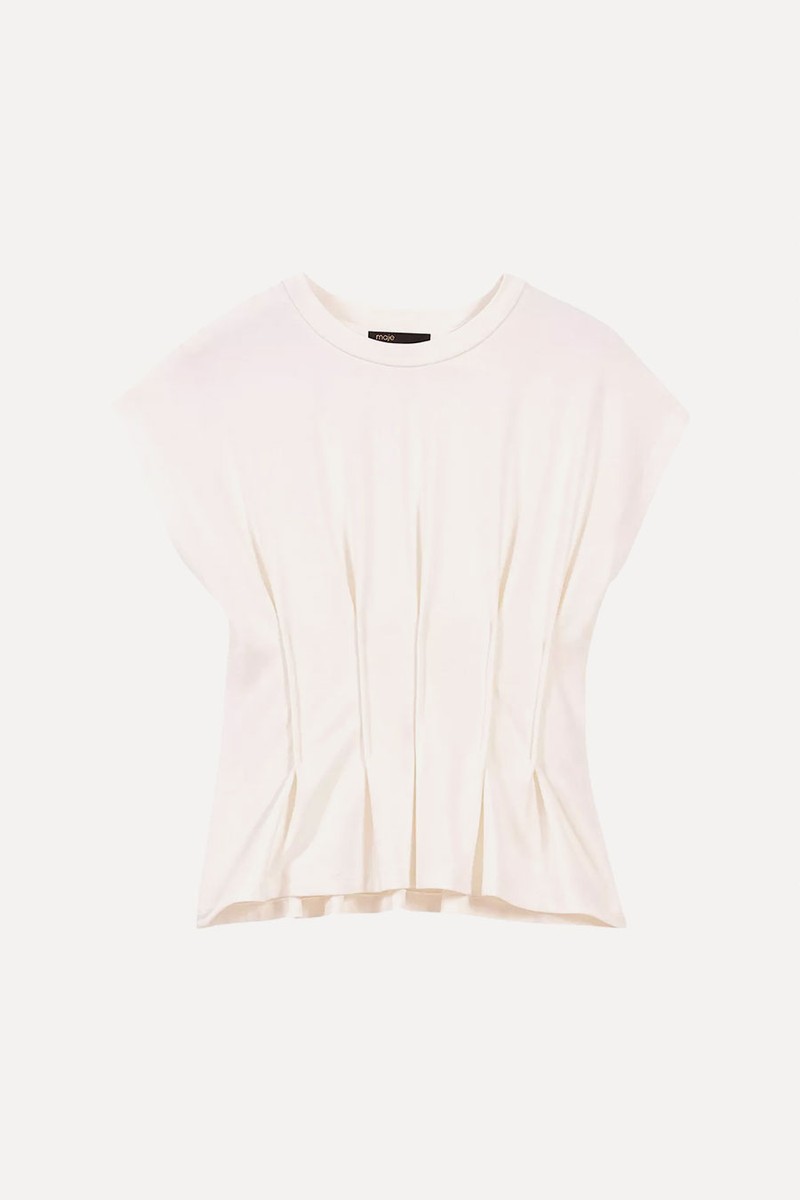 Fitted-Bodice Short-Sleeved Stretch-Woven T-Shirt from Maje