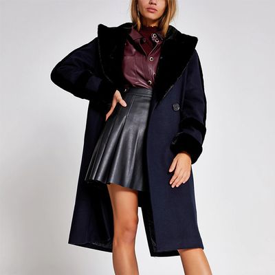 Navy Faux Fur Trim Double Breasted Coat