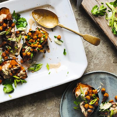 Baked Sweet Potato, Crispy Chickpeas With Tahini Dressing