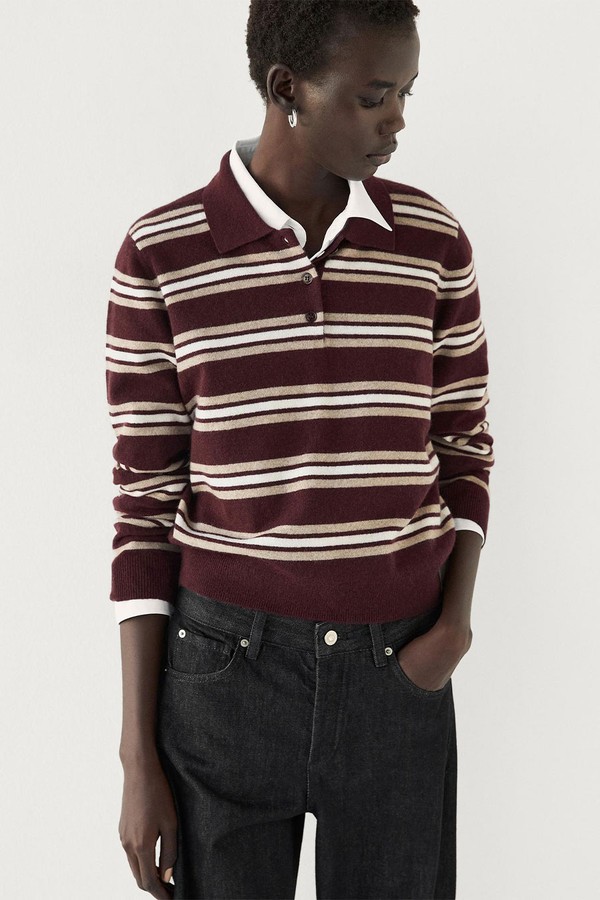 100% Cashmere Striped Knit Polo Sweater from Massimo Dutti