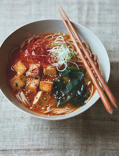 Spicy Miso Soba Noodle Soup With Ginger Teriyaki Tofu