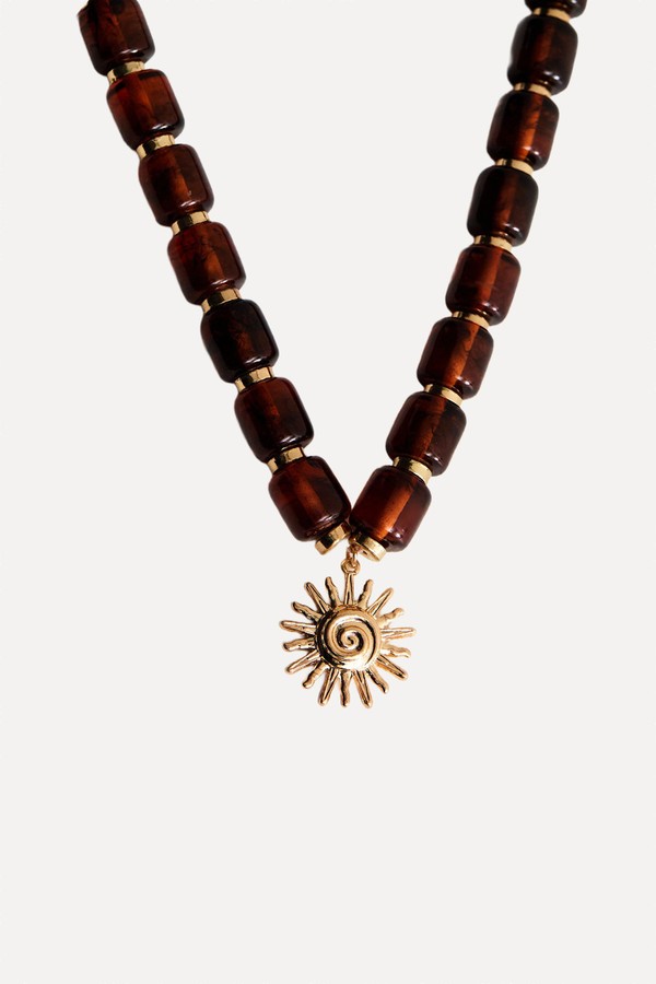 Tortoiseshell Beaded Sun Pendant Necklace 