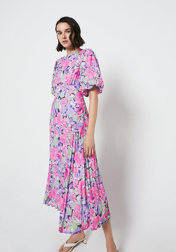  Short Sleeve Printed Dress With Pleated Hem