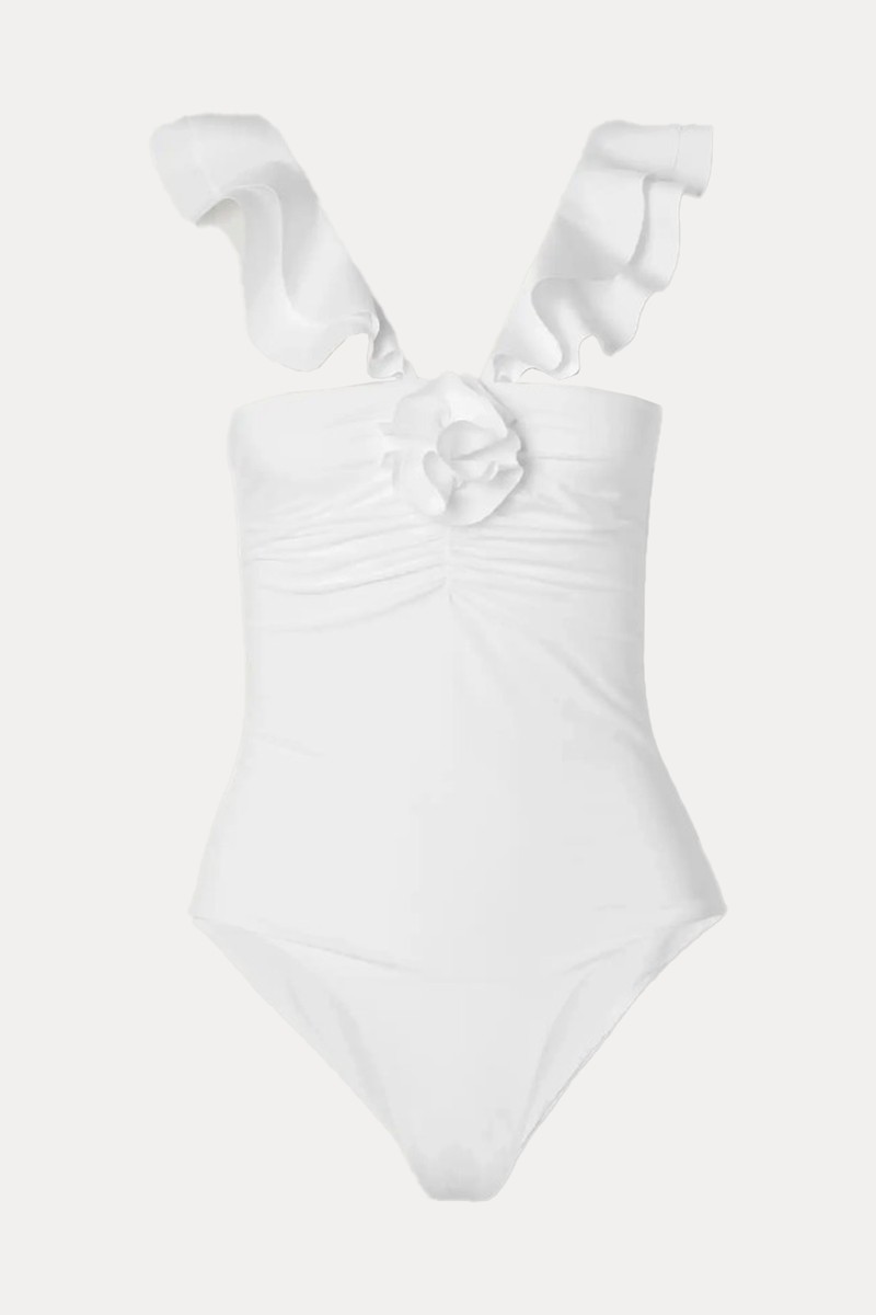 Erini Ruffled Appliquéd Ruched Swimsuit from Maygel Coronel
